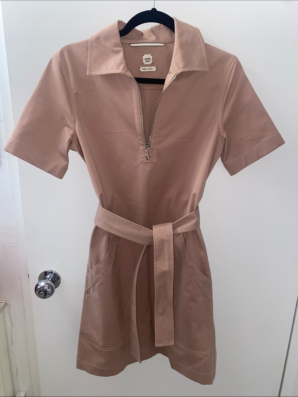 Hermes Rose Short-Sleeve Zip Belted Dress